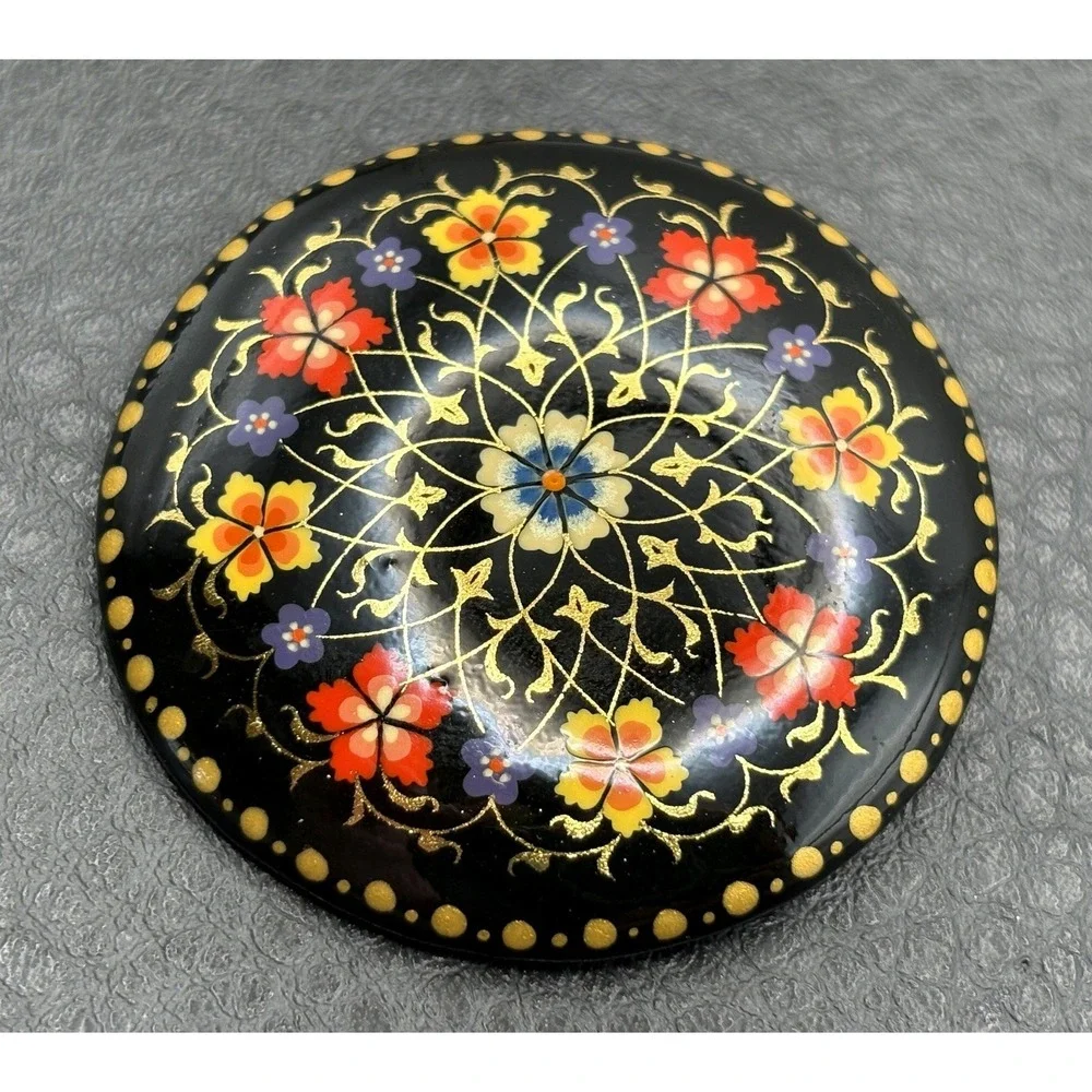Vintage Uzbekistan Hand Painted Lacquer Floral Brooch Pin Black Gold Red Yellow
